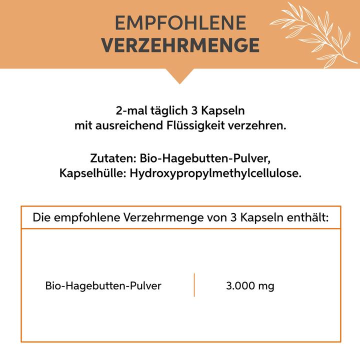 Valori nutrizionali e ingredienti Eltabia Capsule di rosa canina biologica 100 (100 Pezzo/i, Pillole)