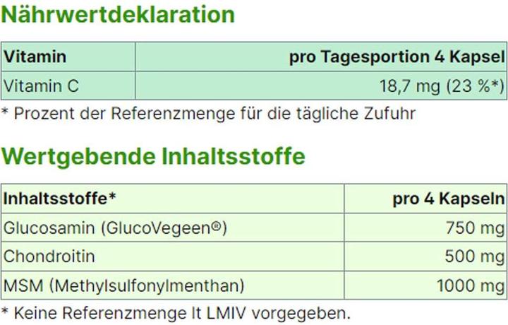 Valori nutrizionali e ingredienti Energybalance Glucosamina 4 Vegan 733mg (90 Pezzo/i, Pillole, 68 g)