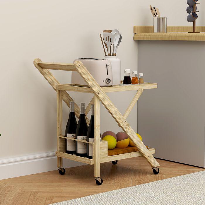 Image du produit Swisshandel24 Küchenwagen Servierwagen mit Arbeitsplatte, 2 Ebenen, Weinregal, für Büro Natur