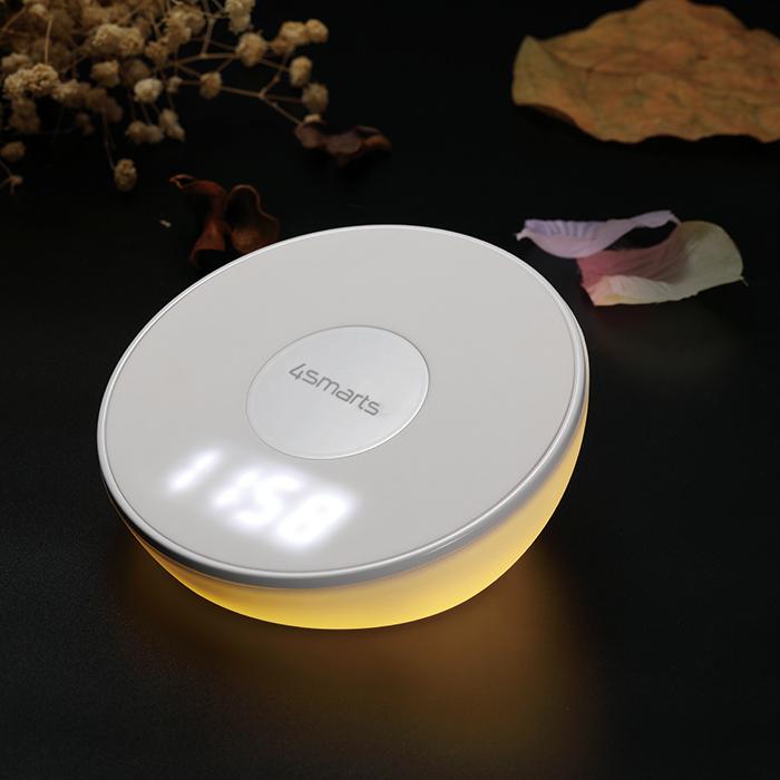 Actual product image 4smarts Wireless Charger VoltBeam N8 15W with Clock LED Lamp White