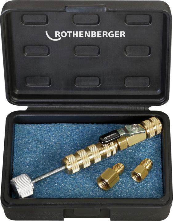 Actual product image Rothenberger Schrader valve tool 1/4" + 5/16", valve change in operation, for R410A and R32