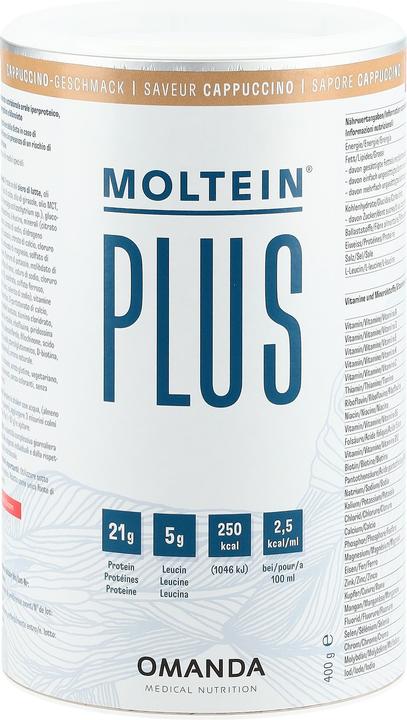 Valeurs nutritives et ingrédients Moltein Plus 2.5 Cappuccino (400g) (1 pièce(s), Poudre, 470 g)