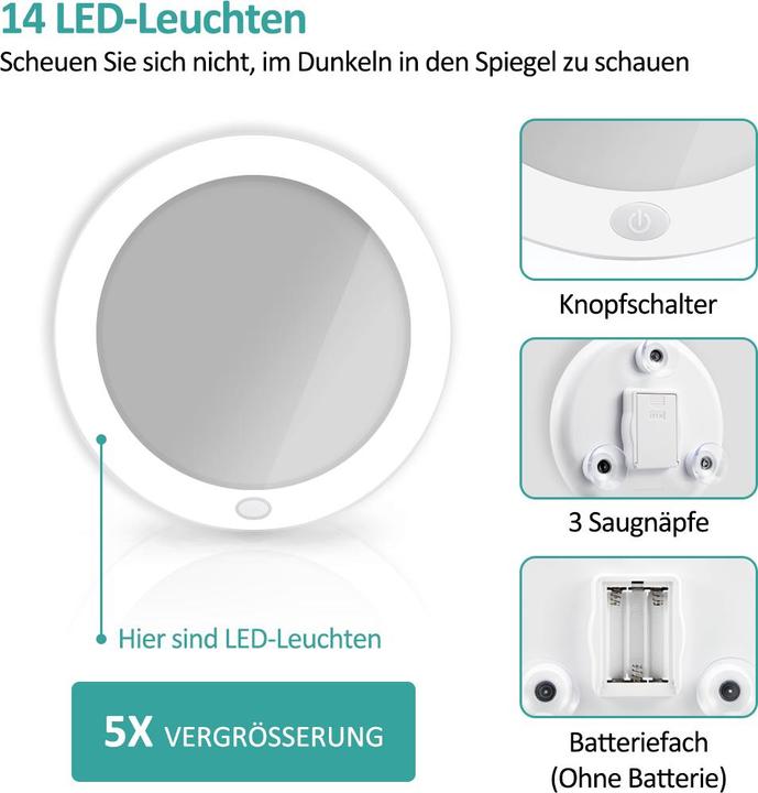 Image du produit Emke Kosmetikspiegel mit beleuchtung 5X Vergrösserung, Saugnapf, Batteriebetrieben, 165mm