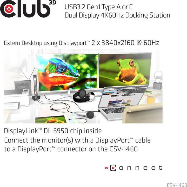 Actual product image Club 3D Dual Display Docking Station 4K60Hz (USB-B, 6 Ports)