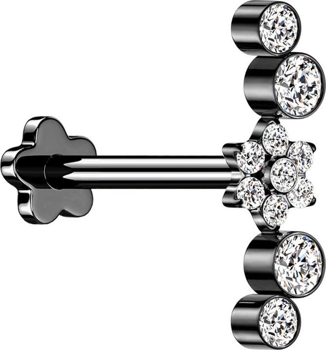 Image du produit Star Piercing Micro Threadless Labret fleur noire fleur cristaux argentés quatre cristaux (Titane G23, sans laiton)