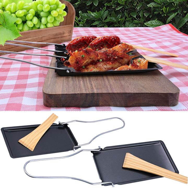 Casativo 2er-Set Grillpfännchen mit klappbarem Griff und Holzspatel, Raclette
