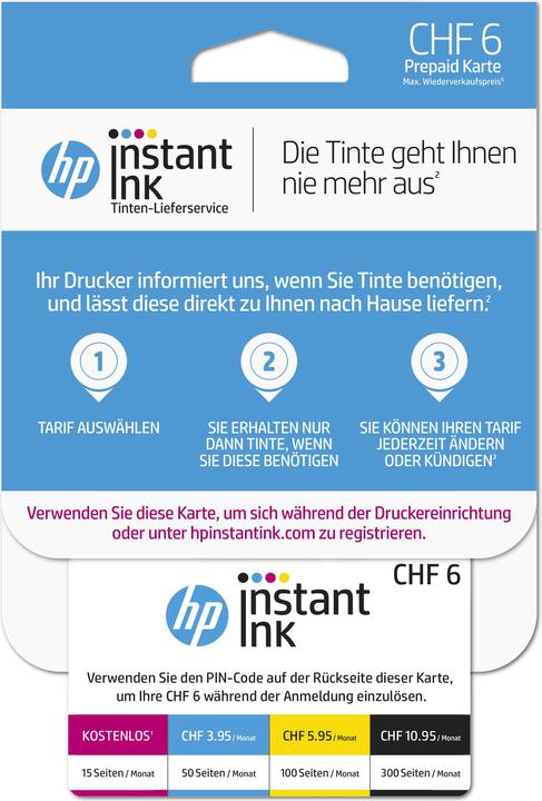 Produktbild HP Instant Ink Registrierungskarte mit CHF 6.- Guthaben