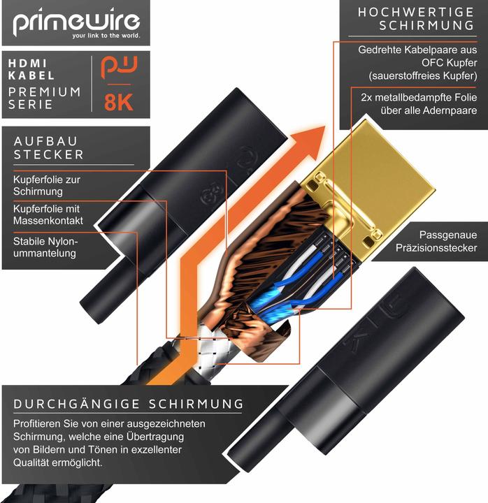 Image du produit Primewire Câble HDMI 2.1, 8K @ 120Hz / 4K @ 240Hz DSC, ultra haute vitesse, gaine en nylon, HDR, ARC (1 m, HDMI)