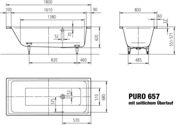 Produktbild Kaldewei Puro 657 180x80cm mit seitlichem Überlauf