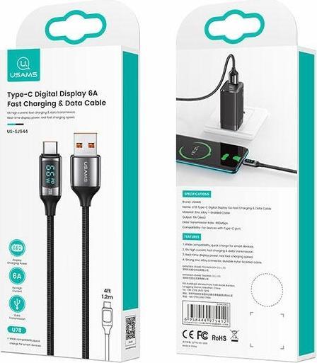 Actual product image Usams Cable pleciony U78 USB-C 1.2m LED 6A Fast Charging czarny/black SJ544USB01 (US-SJ544) (1.20 m)