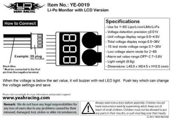 Actual product image Yeah Racing LiPo Monitor with LCD 1S-8S