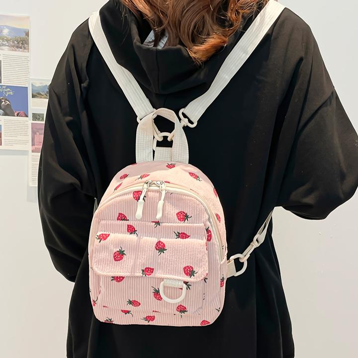 Produktbild Only-Bags.Store Niedliche Erdbeere Druck Samt Mini Rucksack, leichtes Polyester mit verstellbaren Riemen