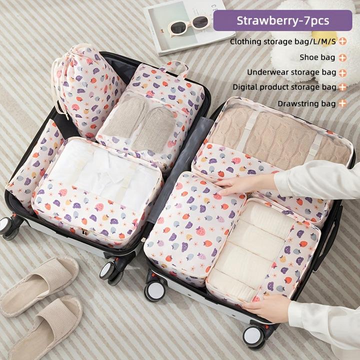 Only-Bags.Store 7 Stück Reiseverpackungswürfel mit Obstdruck, tragbare Mesh-Kleidungsaufbewahrungstasche