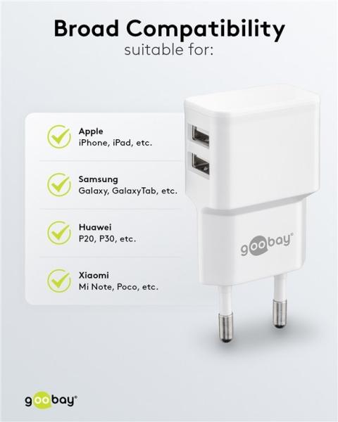 Actual product image Goobay Dual USB charger 2.4 A - USB power supply with 2 USB outputs - white (12 W)