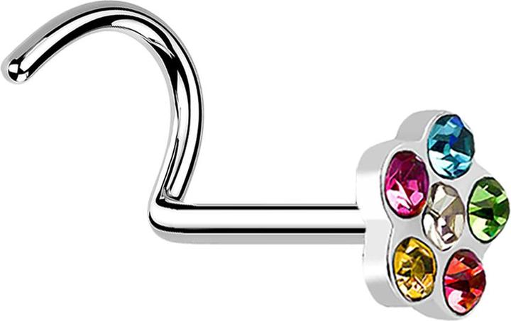 Immagine prodotto Star Piercing Nasenstecker gebogen silber mit Blume und 5 Kristalle farbig (Acciaio chirurgico 316L, senza ottone)
