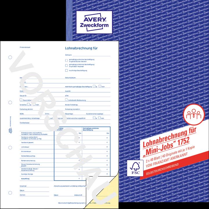 Produktbild Avery Lohnabrechnung A4 Minijob weiss/gelb (40 x)