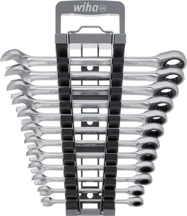 Produktbild Wiha Ringratschen-Gabelschlüssel Set 12-tlg. inkl. Halter I Ring Ratschenschlüssel Set 8-19 mm (19 mm, 16 mm, 18 mm, 13 mm, 15 mm, 17 mm, 10 mm, 11 mm, 12 mm, 14 mm, 8 mm, 9 mm)