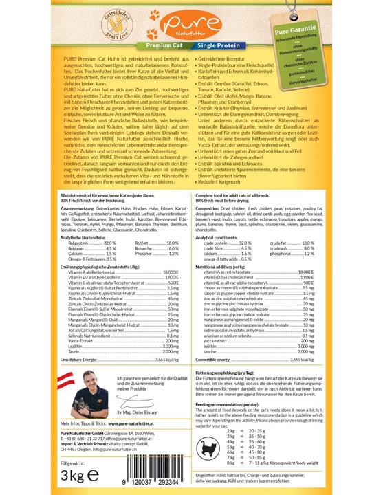 Nährwerte und Zutaten Pure Naturfutter Premium Cat Single-Protein getreidefrei Huhn (Adult, 1 Stk., 3000 g)