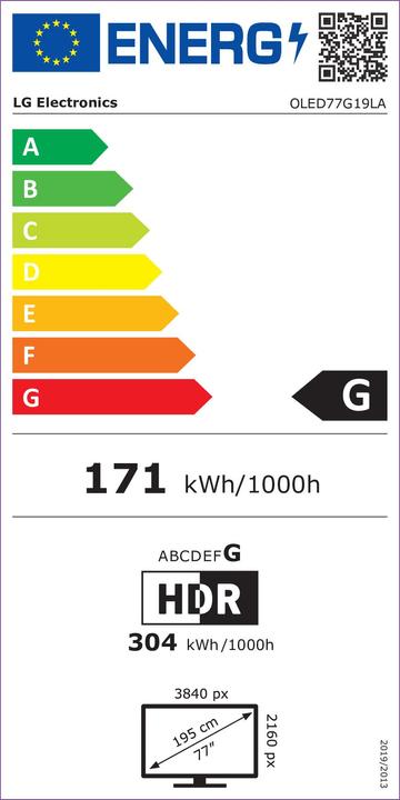 Energy Label LG TV OLED77G19LA new (76.77", OLED, 4K, 2021)