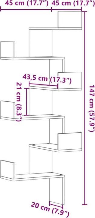 Produktbild VidaXL Wand-Eckregal (45 x 45 x 147 cm)