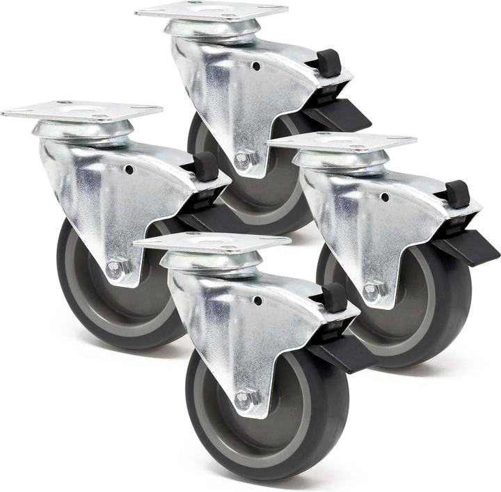 Actual product image Wiltec Set of 4 Castors 2x Transport Rollers 75mm w/Plastic Wheel, Brake, Mounting Plate, max 75kg/Roller
