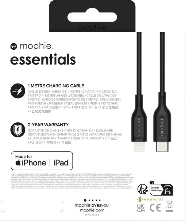 Valori nutrizionali e ingredienti Zagg Mophie Essentials Cavo da Lightning a USB-C da 1 m - Nero (1 m, USB 2.0)