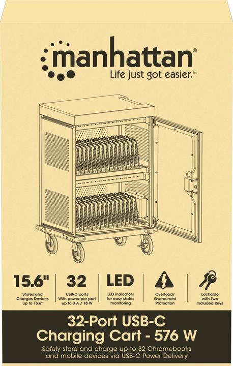 Actual product image Manhattan 32-Port USB-C Charging Cabinet on Wheels 576W