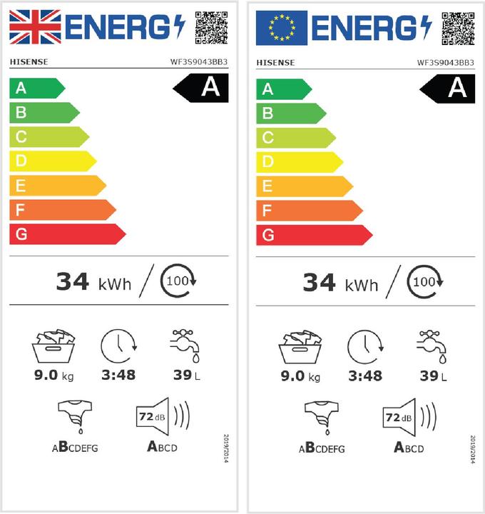 Label énergétique Hisense WF3S9043BB3 (9 kg, Gauche)