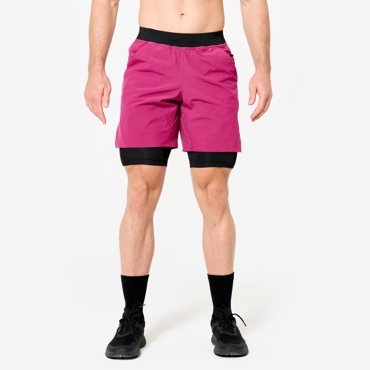 Domyos Men's 2-in-1 Breathable Zipped Pocket Fitness Shorts - Purple