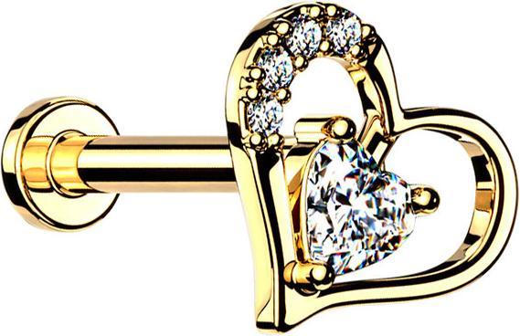 Actual product image Star Piercing Micro Labret Internal Thread 14k Gold Plated Crystal Heart in Heart (Brass, Surgical steel 316L)