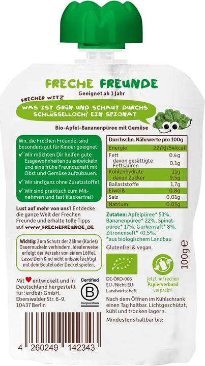 Immagine prodotto Freche Freunde Squeeze Bag Mela Banana Spinaci e Cetriolo Bio 100 g (120 g)