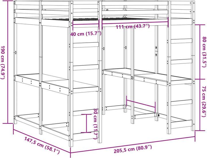 Image du produit VidaXL Lit mezzanine avec bureau & échelle (140 x 200)