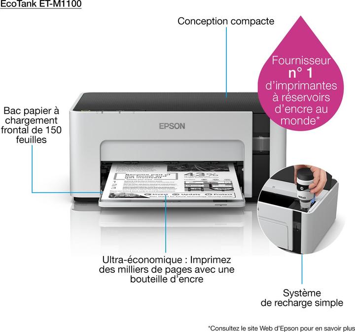 Actual product image Epson EcoTank M1100 - 1440 x 720 DPI - 1 - A4 - 15000 pages per month - 32 pages per (Ink tank, Black and white)