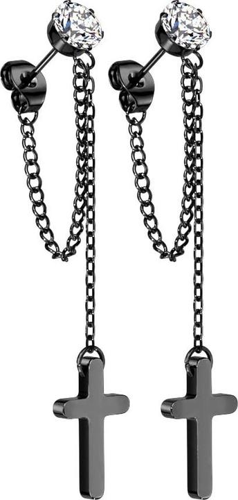 Produktbild Star Piercing Ohrstecker schwarz mit rundem Kristall silber Anhänger Kette mit Kreuz (ohne Messing, Chirurgenstahl 316L)