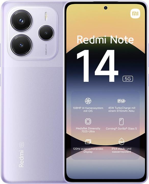 Actual product image Xiaomi Redmi Note 14 5G (128 GB, Lavender Purple, 6.67", Dual SIM, 108 Mpx, 5G)