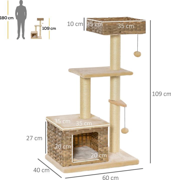 Produktbild PawHut Kratzbaum mit Rattanhöhle (109 cm, Braun, Beige)