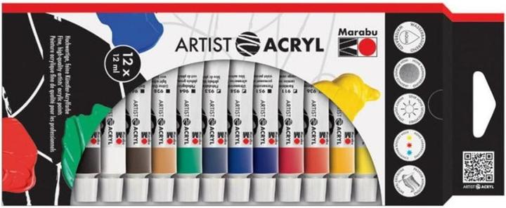Actual product image Marabu Artist Acryl assortment (Violet, White, Brown, Red, Gold, Black, Blue, Dark Blue, Light green, Yellow, Green, Copper, Orange, 12 ml)