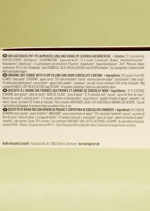 Valori nutrizionali e ingredienti KoRo Biscotto di avena biologico con ripieno di prugne e copertura di cioccolato fondente (480 g)