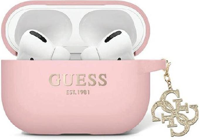 Actual product image Guess GUAP2LECG4P AirPods Pro 2 cover różowy/pink Liquid Silicone Glitter Triangle Charm (Headphone bag)
