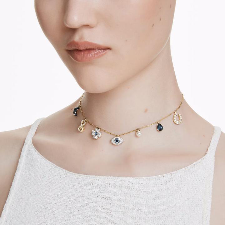 Actual product image Swarovski Symbolica necklace moon infinity symbol lucky clover eye symbol and horseshoe blue gold (Swarovski Metal)