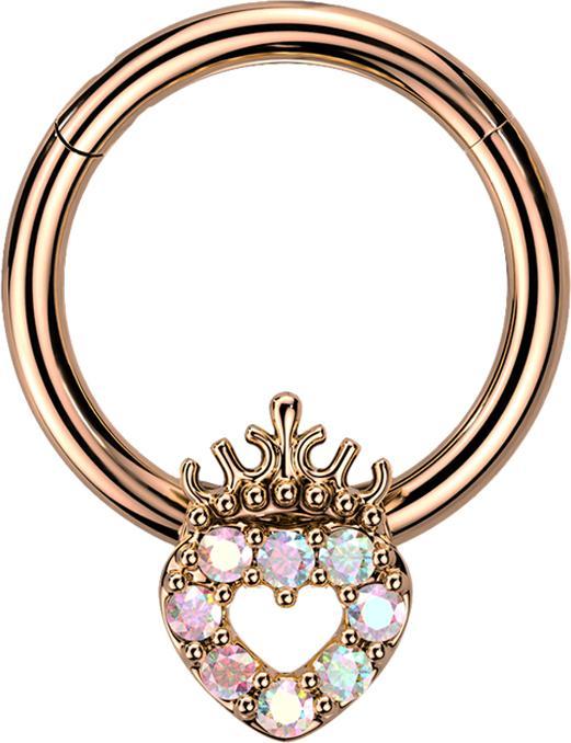 Star Piercing Micro Segmentring klappbar rosegold Herz mit Kristallen multicolor und Krone (Messing, Chirurgenstahl 316L)