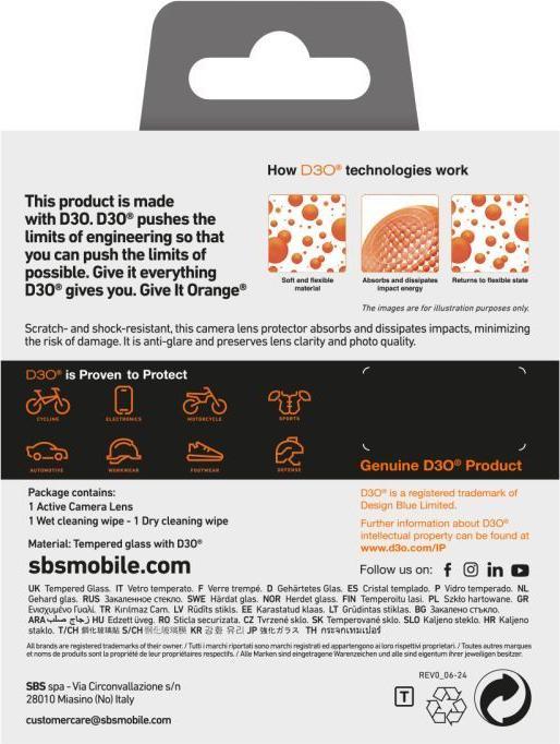 Produktbild SBS Kameraglas für iPhone 16 Pro/iPhone 16 Pro Max, mit D3O-Material (1 Stück, Apple iPhone 16 Pro Max)