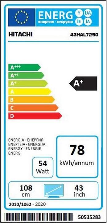 Energy Label Hitachi TV 43HAL7250 Android TV (43", LCD, 4K, 2020)