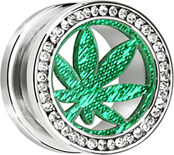 Image du produit Star Piercing Flesh Tunnel argenté avec cristal argenté et feuille de chanvre verte (sans laiton, Acier chirurgical 316L)
