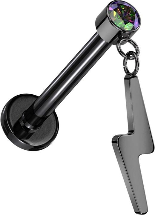 Produktbild Star Piercing Micro Threadless Labret schwarz Zylinder schwarz Kristall dunkel multicolor Anhänger Blitz schwarz (ohne Messing, Titan G23)