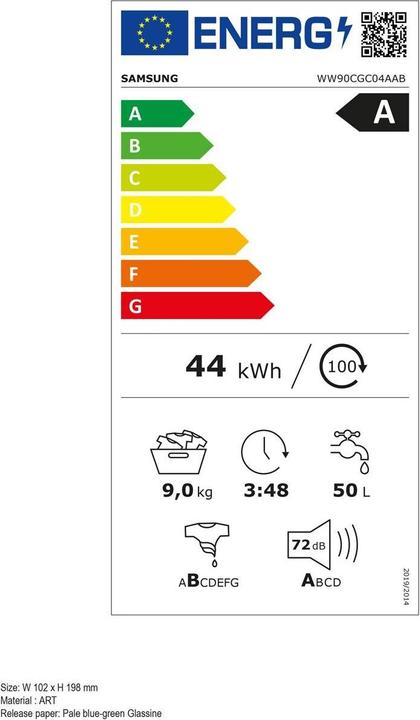Label énergétique Samsung WW5000 (9 kg, Gauche)