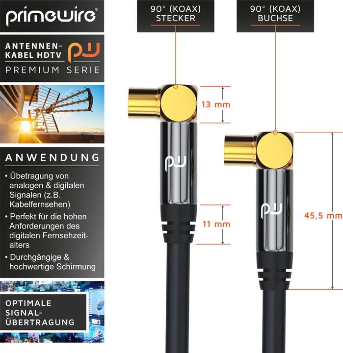 Actual product image Primewire Antenna Cable 90° Angled | HDTV Premium Coaxial Cable 135dB / 75 Ohm | FullHD / 4k Ultra HD (85 dB, Antenna cable)