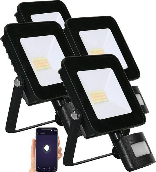 Image du produit Luminea 4 projecteurs LED WiFi 20 watts CCT avec détecteur de mouvement, 1 500 lumens (1600 lm, IP44)