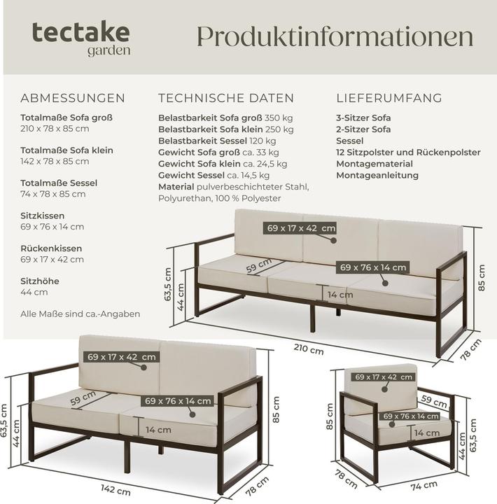 Immagine prodotto tectake Set lounge da giardino Comosa per 6 persone, imbottitura XXL