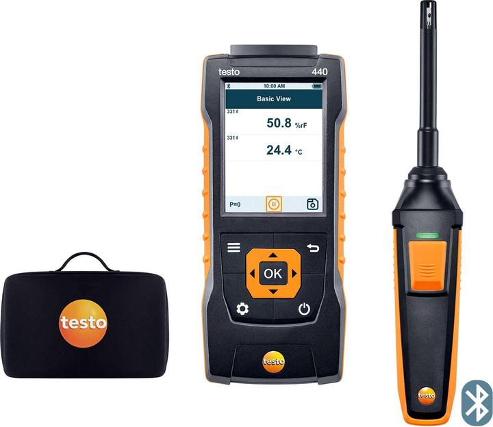 Testo 440 Mesureur de climat, 3 piles mignon de type AA, Câble USB Sonde d'humidité et de température (Ø 12 mm) avec Bluetooth® (comprenant une tête de sonde d'humidité et de température et une poignée Bluetooth®)